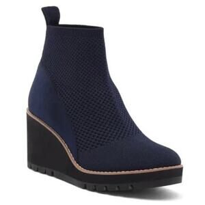Eileen Fisher NWOB Quill Platform Wedge Bootie Dark Blue Knit Size 5.5 Cushioned